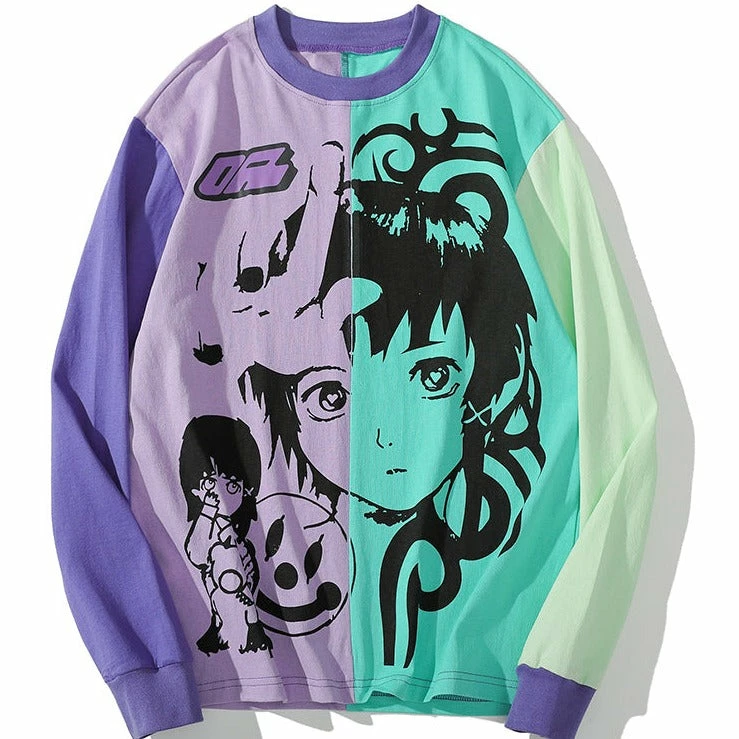 Apparel Violet Green Anime Girl Print Oversized Casual Harajuku Two-tone Streetwear | NEW 3 Apparel Violet Green Anime Girl Print Oversized Casual Harajuku Two-tone Streetwear | NEW