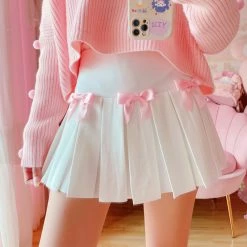 Apparel Kawaii Bow White Pleated Mini High-Waist Short Skirt