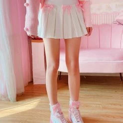 Apparel Kawaii Bow White Pleated Mini High-Waist Short Skirt