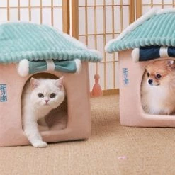 Home Decor Pet Beds Sakura Temple Pink Green Shrine Cat Dog Bed Hideout House