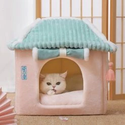 Home Decor Pet Beds Sakura Temple Pink Green Shrine Cat Dog Bed Hideout House