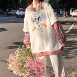 Apparel Kawaii Plaid Cat Fish Sweatshirt Women Half Sleeve Hoodie