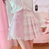 Apparel Cute Pleated Pink White Checked Women High-Waist Short Skirt With Lace & Shorts