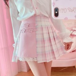 Apparel Cute Pleated Pink White Checked Women High-Waist Short Skirt With Lace & Shorts