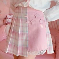 Apparel Cute Pleated Pink White Checked Women High-Waist Short Skirt With Lace & Shorts 14 Apparel Cute Pleated Pink White Checked Women High-Waist Short Skirt With Lace & Shorts
