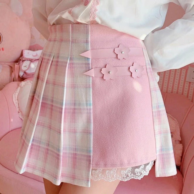 Apparel Cute Pleated Pink White Checked Women High-Waist Short Skirt With Lace & Shorts 7 Apparel Cute Pleated Pink White Checked Women High-Waist Short Skirt With Lace & Shorts