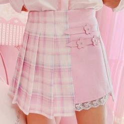 Apparel Cute Pleated Pink White Checked Women High-Waist Short Skirt With Lace & Shorts 17 Apparel Cute Pleated Pink White Checked Women High-Waist Short Skirt With Lace & Shorts