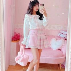 Apparel Cute Pleated Pink White Checked Women High-Waist Short Skirt With Lace & Shorts 12 Apparel Cute Pleated Pink White Checked Women High-Waist Short Skirt With Lace & Shorts