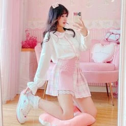 Apparel Cute Pleated Pink White Checked Women High-Waist Short Skirt With Lace & Shorts