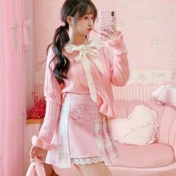 Apparel Cute Pleated Pink White Checked Women High-Waist Short Skirt With Lace & Shorts 13 Apparel Cute Pleated Pink White Checked Women High-Waist Short Skirt With Lace & Shorts