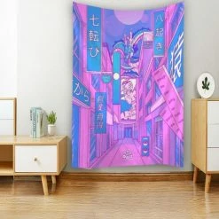 Home Decor Wall Decal Japanese Streets Anime Comic Purple Blue Calm Lofi Vibe Tapestry