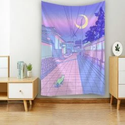 Home Decor Wall Decal Japanese Streets Anime Comic Purple Blue Calm Lofi Vibe Tapestry