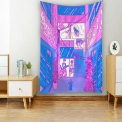 Home Decor Wall Decal Japanese Streets Anime Comic Purple Blue Calm Lofi Vibe Tapestry
