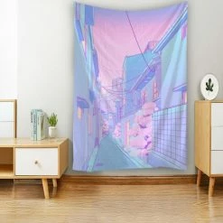 Home Decor Wall Decal Japanese Streets Anime Comic Purple Blue Calm Lofi Vibe Tapestry
