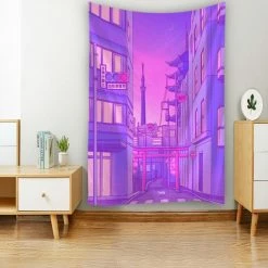 Home Decor Wall Decal Japanese Streets Anime Comic Purple Blue Calm Lofi Vibe Tapestry