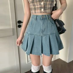 Apparel Denim Blue High-Waist Pleated Mini Skirt