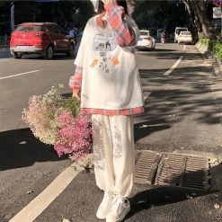 Apparel Kawaii Plaid Cat Fish Sweatshirt Women Half Sleeve Hoodie