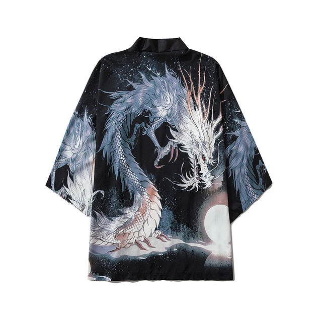 Apparel Japanese White Black Dragon Beast Yukata Cardigan Kimono 4 Apparel Japanese White Black Dragon Beast Yukata Cardigan Kimono