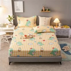 Home Decor Kawaiies Green Dino BBT Cotton Fitted Sheet Bed Sheets