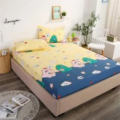 Home Decor Kawaiies Couple Loving Dino Cotton Fitted Sheet Bed Sheets