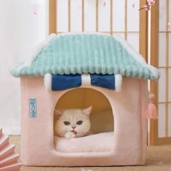Home Decor Pet Beds Sakura Temple Pink Green Shrine Cat Dog Bed Hideout House
