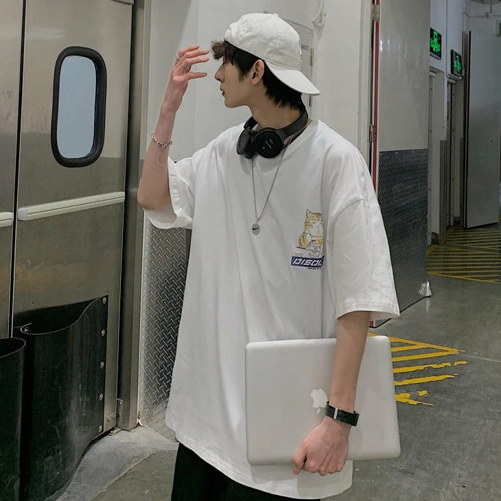 Apparel Japenese Cartoon Cat Ramen Oversized Mens Tee Top 4 Apparel Japenese Cartoon Cat Ramen Oversized Mens Tee Top