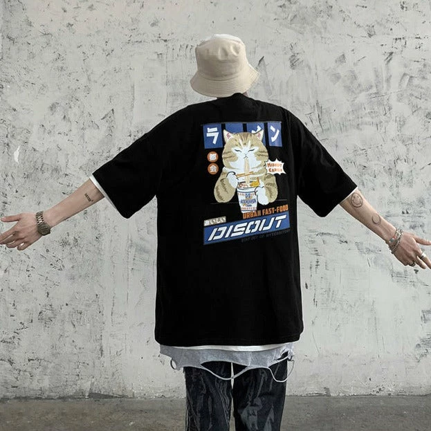 Apparel Japenese Cartoon Cat Ramen Oversized Mens Tee Top 7 Apparel Japenese Cartoon Cat Ramen Oversized Mens Tee Top