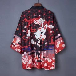 Apparel Black Red Japanese Fox Mask Half-sleeve Cardigan Womens Kimonos