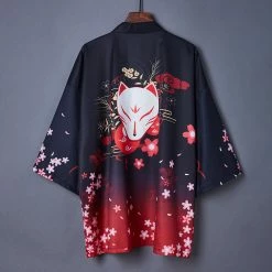 Apparel Black Red Japanese Fox Mask Half-sleeve Cardigan Womens Kimonos