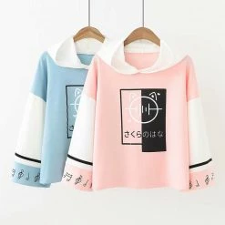 Apparel Harajuku Blue White Simple Cat Wide Sleeve Loose Hoodie