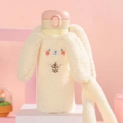 Home Decor Cream Thermos Stainless Steel Flask With Bunny Bear Plush Cover & Strap
