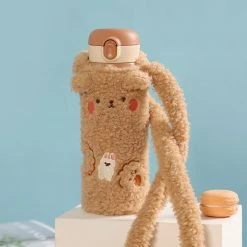 Home Decor Home & Pets Coffee Brown Thermos Stainless Steel Flask With Bunny Bear Plush Cover & Strap