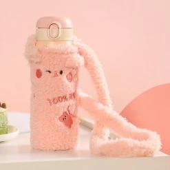 Home Decor Pink Yellow Thermos Stainless Steel Flask With Duck Plush Cover & Strap Home & Pets