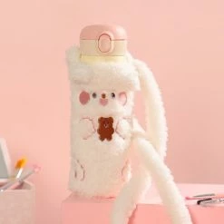 Home Decor Cream Thermos Stainless Steel Flask With Bunny Bear Plush Cover & Strap