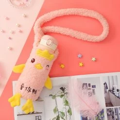 Home Decor Pink Yellow Thermos Stainless Steel Flask With Duck Plush Cover & Strap Home & Pets