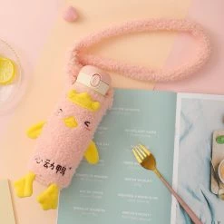 Home Decor Pink Yellow Thermos Stainless Steel Flask With Duck Plush Cover & Strap Home & Pets