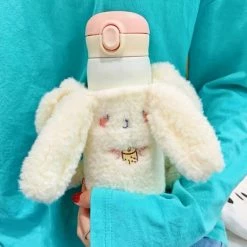 Home Decor Cream Thermos Stainless Steel Flask With Bunny Bear Plush Cover & Strap