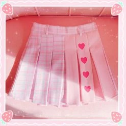 Apparel Pink Hearts Harajuku Plaid Women Schoolgirl Cosplay Mini Skirt