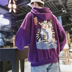 Apparel Japanese Striped Cat Waves Print Oversized Part-Cotton Hoodie