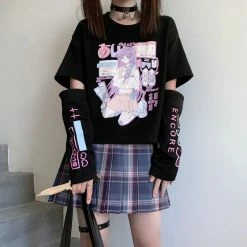 Apparel Anime Purple White Black E-girl Shooter Graphic Harajuku T Shirt & Arm Warmers | NEW