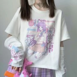 Apparel Anime Purple White Black E-girl Shooter Graphic Harajuku T Shirt & Arm Warmers | NEW
