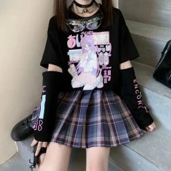 Apparel Anime Purple White Black E-girl Shooter Graphic Harajuku T Shirt & Arm Warmers | NEW