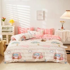 Home Decor Baby Blue And Pink Clouds Bus Bunny Bedding Set | NEW