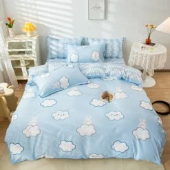 Home Decor Baby Blue And Pink Clouds Bus Bunny Bedding Set | NEW