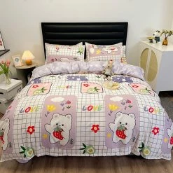 Home Decor Cute Strawberry Bear Checked Purple Bedding Set