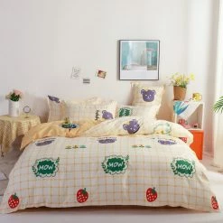 Home Decor Bedding Sets Mow The Bear Cream Checked Bedding Set