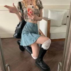 Apparel Denim Blue High-Waist Pleated Mini Skirt