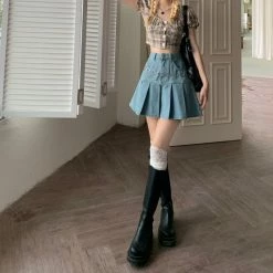 Apparel Denim Blue High-Waist Pleated Mini Skirt