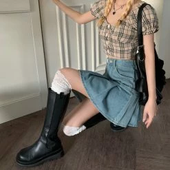 Apparel Denim Blue High-Waist Pleated Mini Skirt