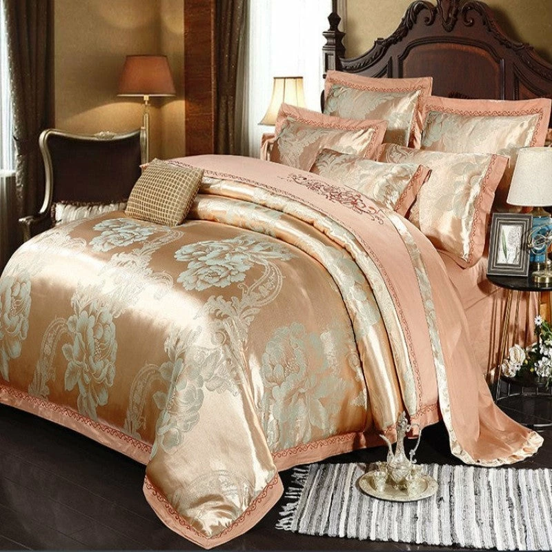 Home Decor Golden Floral Satin Jacquard Embroidery Cotton Bedding Set 12 Home Decor Golden Floral Satin Jacquard Embroidery Cotton Bedding Set